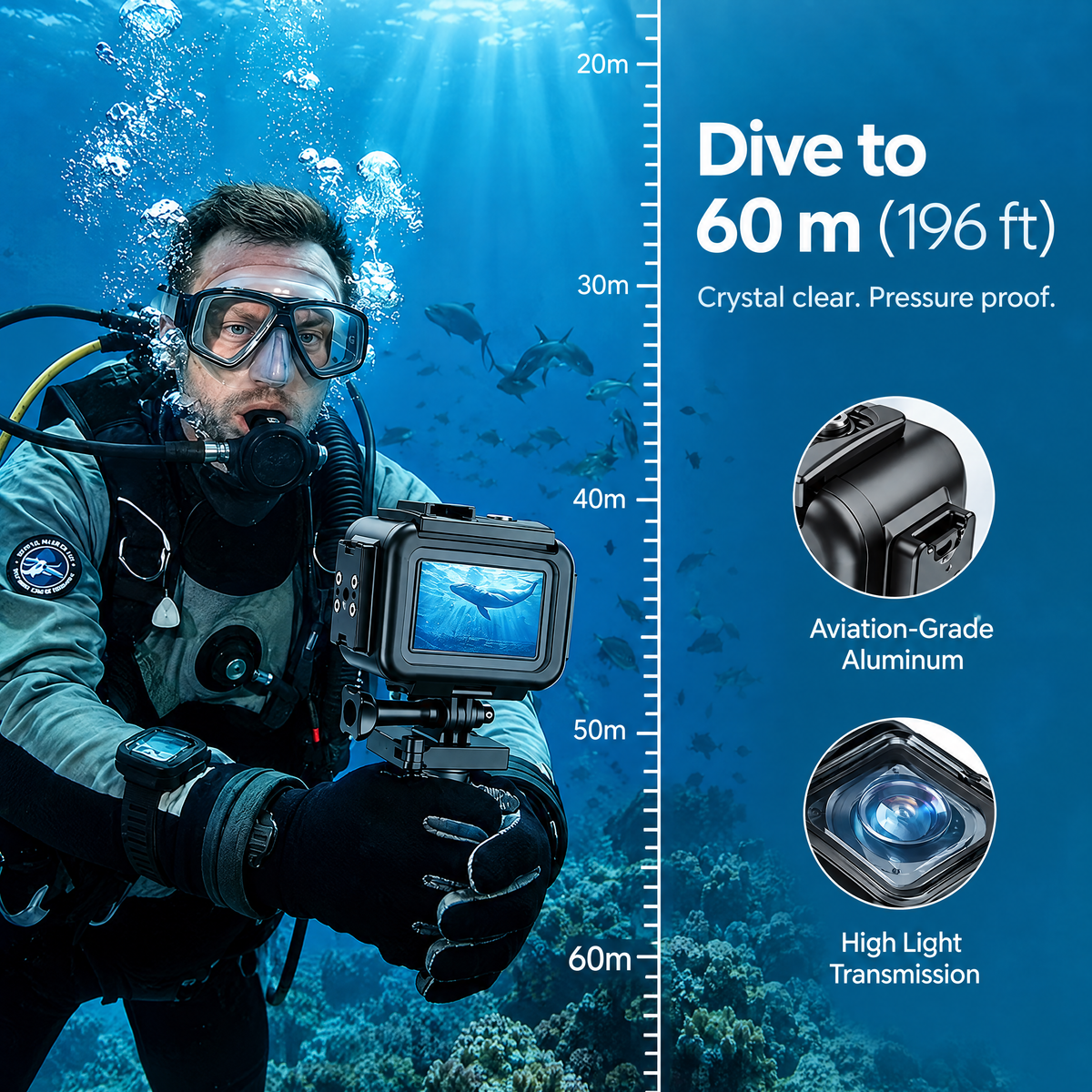 xkodak 60m/196ft Aluminum Alloy Waterproof Housing Case for DJI Osmo Action 4/5/6 with Optical Glass Lens & Cold Shoe