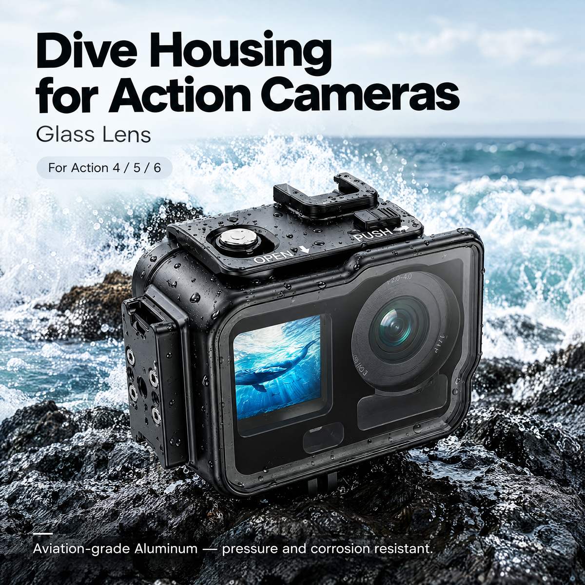 xkodak 60m/196ft Aluminum Alloy Waterproof Housing Case for DJI Osmo Action 4/5/6 with Optical Glass Lens & Cold Shoe